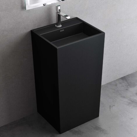 Doporro – Lavabo colonne sur pied rectangulaire noir mat – Fonte minérale solid surface – Dimensions 50x42x90 cm – Lave mains avec trop-plein - Colossum34