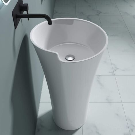doporro Lavabo Colonne sur Pied Rond Blanc Vasque Fonte Minérale Solid Surface Lave Mains de Salle de Bain 53x53x88cm Colossum30