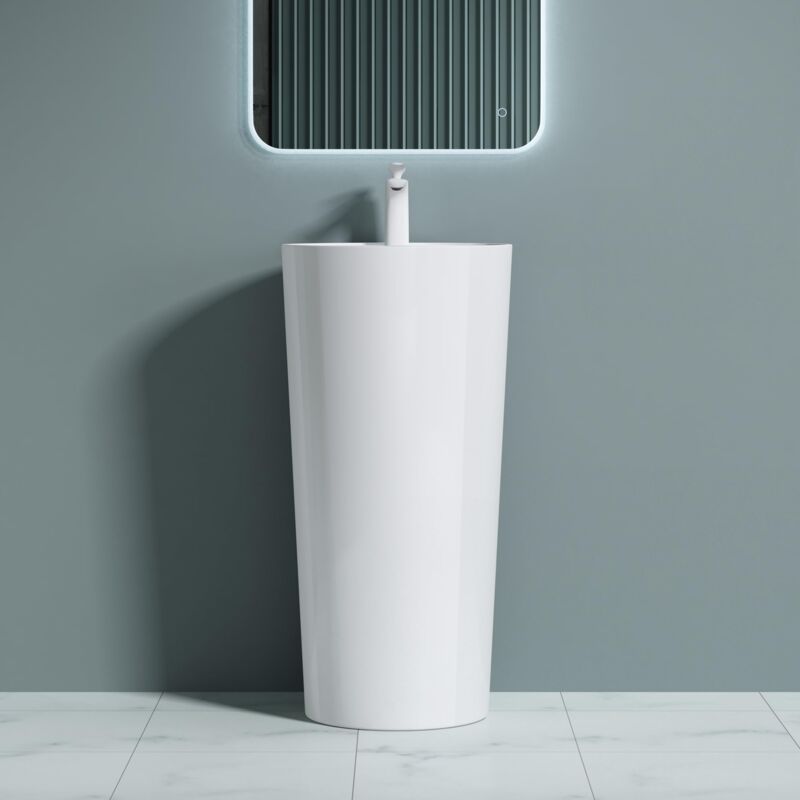 Lavabo Colonne sur Pied Rond Blanc Vasque Fonte Minérale Solid Surface Lave Mains pour Salle de Bain 45x45x90cm Colossum35 - Doporro