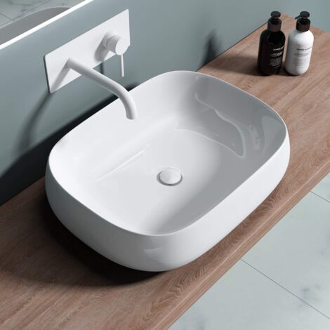 doporro Lavabo da Appoggio 46x40x15cm Lavandino Bagno in Ceramica Bianco Design Moderno Senza Foro per Rubinetto incl. Nano Rivestimento Brüssel5104