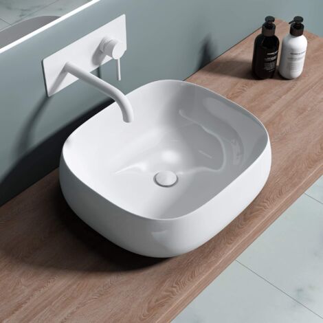 doporro Lavabo da Appoggio 55x43x15cm Lavandino Bagno in Ceramica Bianco Design Moderno Senza Foro per Rubinetto incl. Nano Rivestimento Brüssel5105