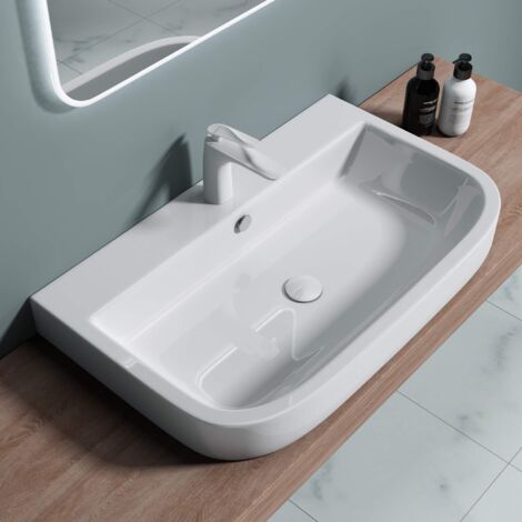 doporro Lavabo da Appoggio 81x49x18cm, Lavabo Bagno Sospeso Lavandino Bagno in Ceramica Nano Rivestimenti Brüssel5021
