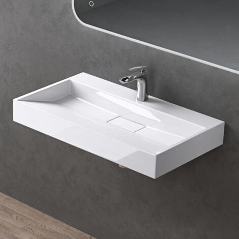 doporro Lavabo da Appoggio Bagno Sospeso Lavandino Rettangolare in Marmoresina con Piletta di Scarico Inclusa Colossum19, 80x46x11 cm Bianco Lucido Monoforo