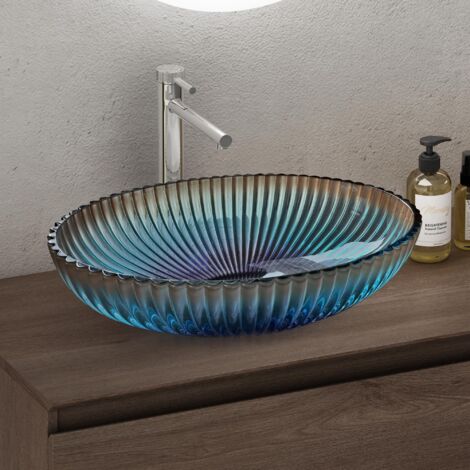 doporro Lavabo da Appoggio in Vetro Temperato Lavandino Bagno Ovale Lavello per Cucina WC Ospiti Design Moderno Artistico 50,5x35x14,5 cm Blu Minerva04