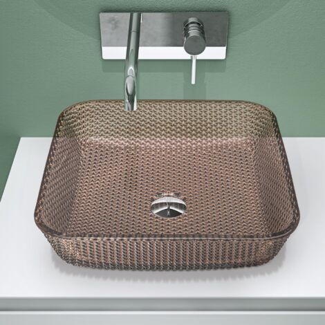 doporro Lavabo da Appoggio in Vetro Temperato Lavandino Bagno Quadrato 40 x 40 x 11 cm Caffè Lavello Design Artistico con Texture per Cucina WC Ospiti Minerva03