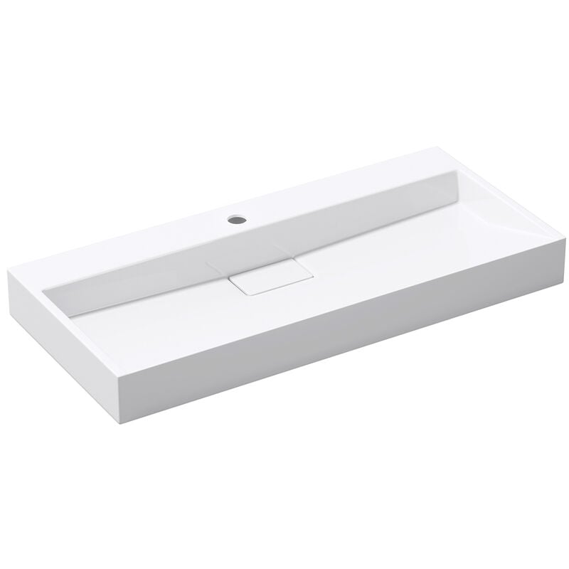 Lavabo da Appoggio, Lavabo Bagno Sospeso 90x46x11cm, Lavandino Bagno da Minerale Fuso Colossum19-900, un Foro per Rubinetteria, Bianco Lucido