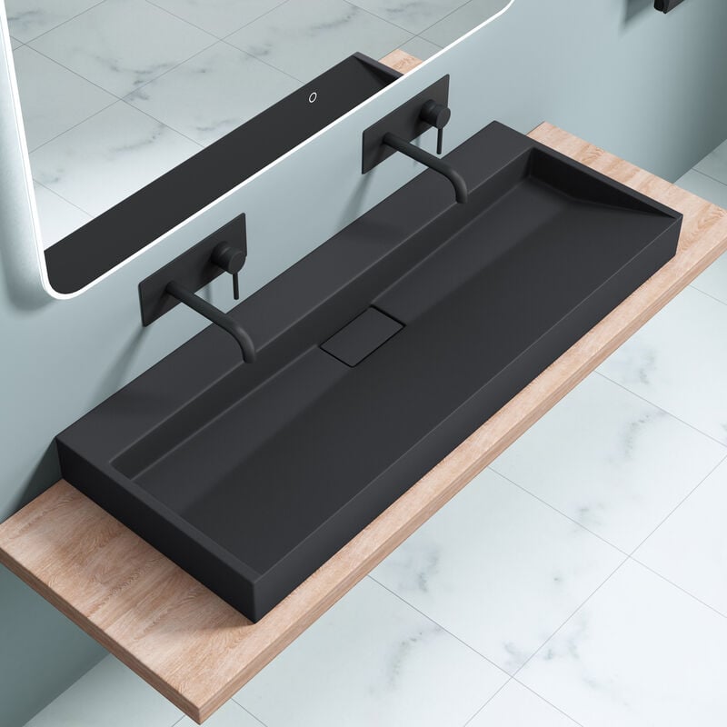 Lavabo da Appoggio, Lavabo Bagno Sospeso120x46x11cm, Lavandino Bagno da Minerale Fuso Colossum19-500, senza Foro per Rubinetteria, Antracite Opaco