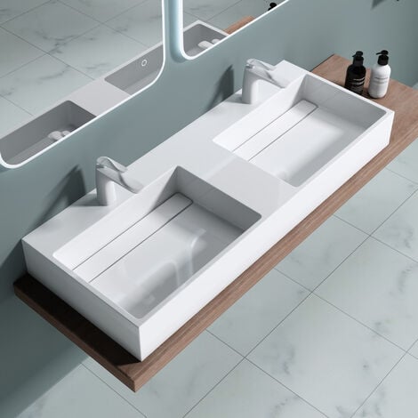 doporro® Lavabo da Appoggio, Lavabo Bagno Sospeso 120x48x13cm, Lavandino Bagno Rettangolare da Marmo Fuso Colossum12-1200, due fori di rubinetti