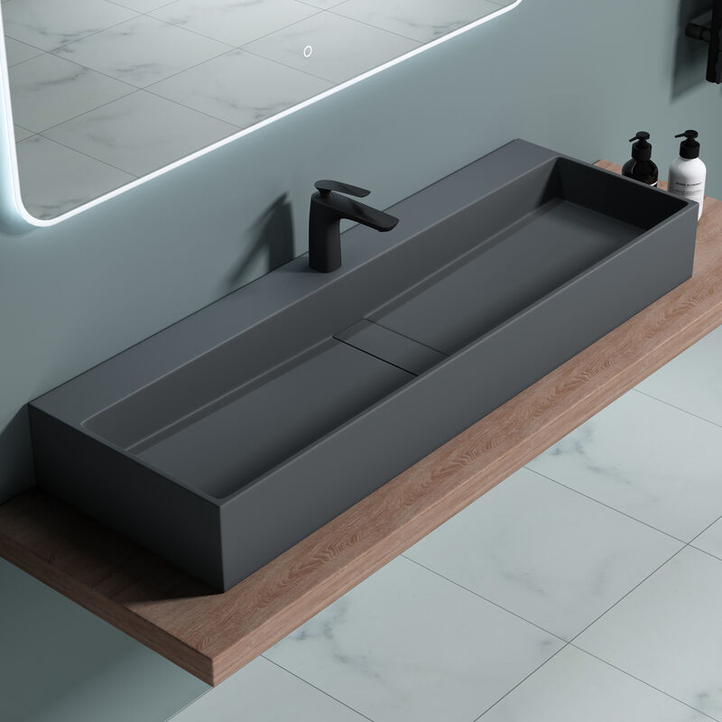 Lavabo da Appoggio, Lavabo Bagno Sospeso 120x40x14cm, Lavandino Bagno da Marmo Fuso Colossum6028, un Foro per la Rubinetteria, Nero Opaco - Antracite