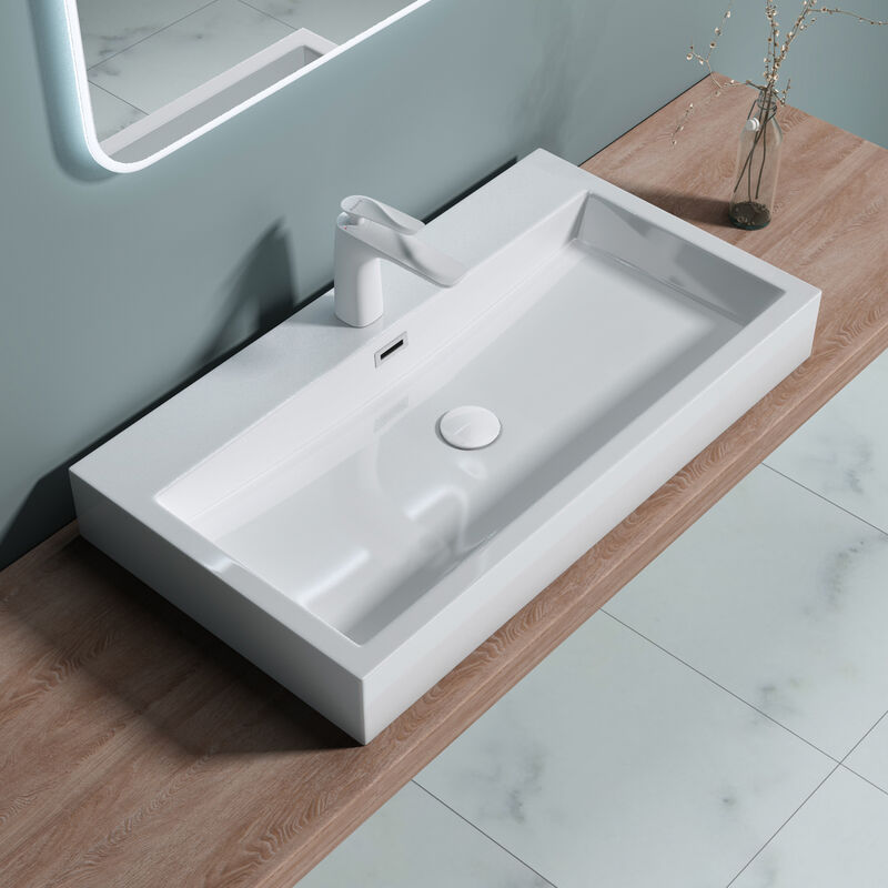 Lavabo da Appoggio, Lavabo Bagno Sospeso 76.5x42x10cm, Lavandino Bagno Rettangolare da Minerale Fuso Colossum06-765 - Bianco - Doporro