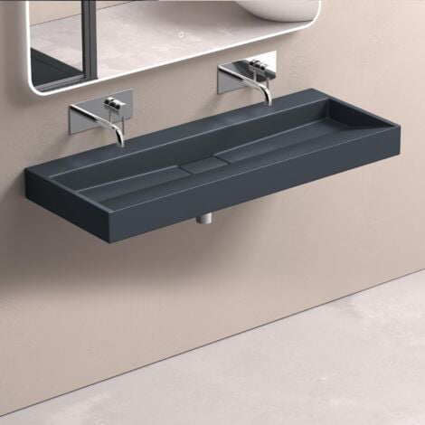 DOPORRO Appoggio, Lavabo Bagno Sospeso120x46x11cm, Lavandino Bagno da Minerale Fuso Colossum19-500, senza Foro per Rubinetteria, Antracite Opaco