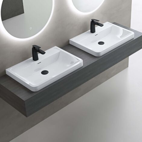 doporro Lavabo da Appoggio, Lavandino Bagno 90x48x14,5cm, Lavabo da Minerale Fuso Colossum08, Bianco lucido
