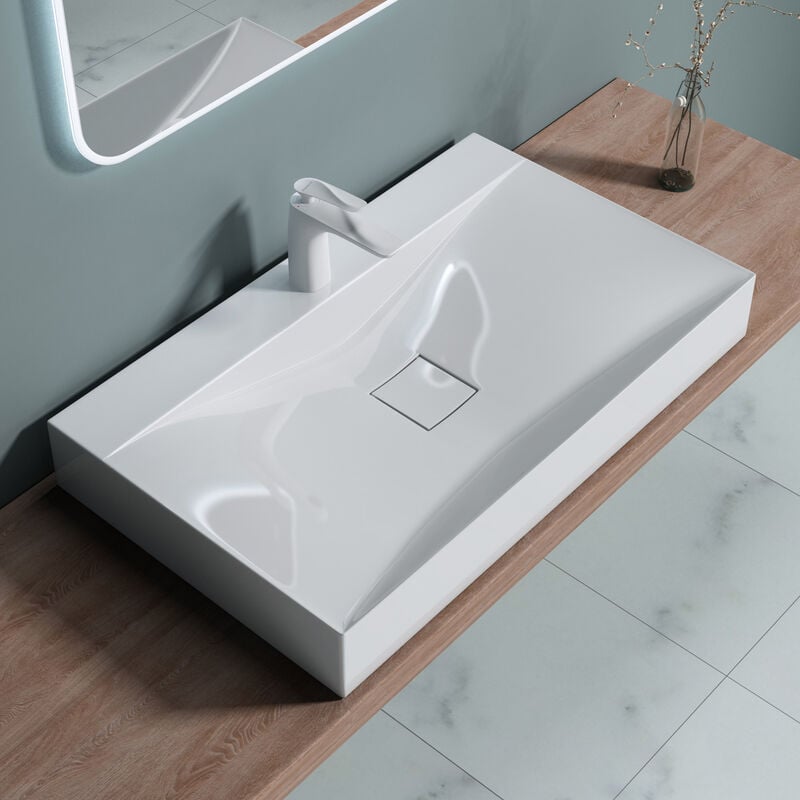 Lavabo da Appoggio, Lavandino Bagno 80x48x11cm, Lavabo da Minerale Fuso Colossum810-800, un Foro per la Rubinetteria, Bianco Lucido - Bianco - Doporro