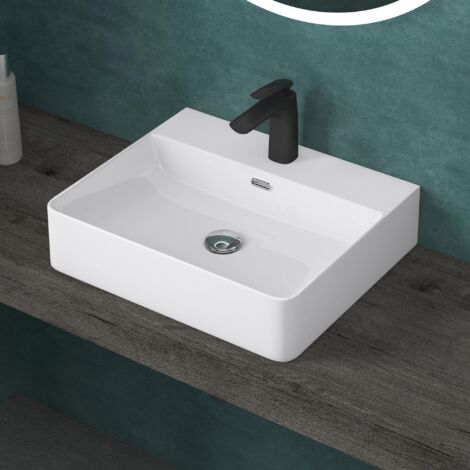 doporro Lavabo da Appoggio o Sospeso Lavandino Bagno Rettangolare con Foro per Rubinetto e Troppopieno 50 cm in Ceramica Bianco Lucido - Meissen201