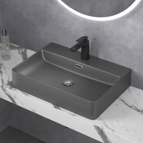 doporro Lavabo da Appoggio o Sospeso Lavandino Bagno Rettangolare con Foro per Rubinetto e Troppopieno 60 cm in Ceramica Antracite Opaco - Meissen201