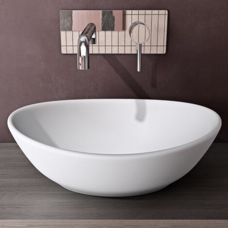 doporro Lavabo da Appoggio Ovale in Ceramica Bianco Opaco 42 cm Lavandino Bagno Moderno con Rivestimento Nano per Bagno e WC Ospiti - Brüssel205