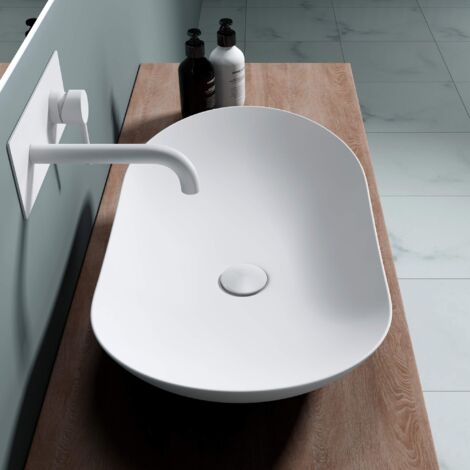doporro Lavabo da Appoggio Ovale in Ceramica Bianco Opaco 63 cm, Lavandino Bagno Moderno Effetto Loto, Senza Foro Rubinetto - Brüssel858