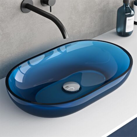 doporro Lavabo da Appoggio Ovale Profondo 54x34x10,5 cm in Resina Trasparente Blu per Bagno