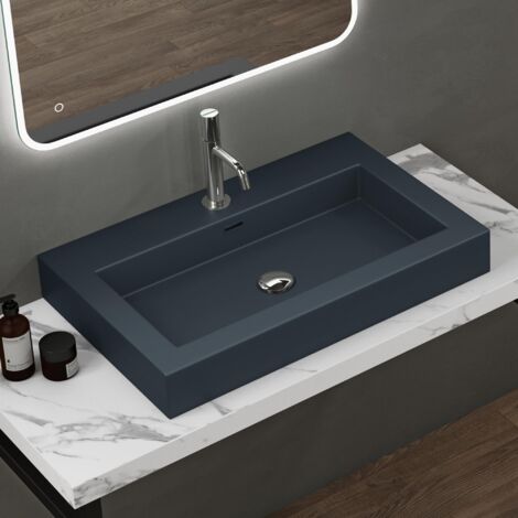 doporro Lavabo da Appoggio Rettangolare, Lavabo Bagno Sospeso con Foro Rubinetto e Troppopieno in Marmo Resina Antracite Opaco, Lavandino Bagno 73x48x10cm Colossum18