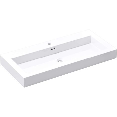 doporro Lavabo da Appoggio Rettangolare, Lavabo Bagno Sospeso con Foro Rubinetto e Troppopieno in Marmo Resina Bianco Lucido, Lavandino Bagno 100x48x10cm Colossum18