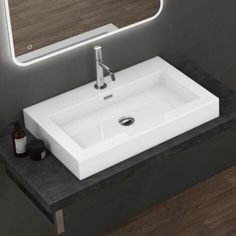 doporro Lavabo da Appoggio Rettangolare, Lavabo Bagno Sospeso con Foro Rubinetto e Troppopieno in Marmo Resina Bianco Lucido, Lavandino Bagno 73x48x10cm Colossum18