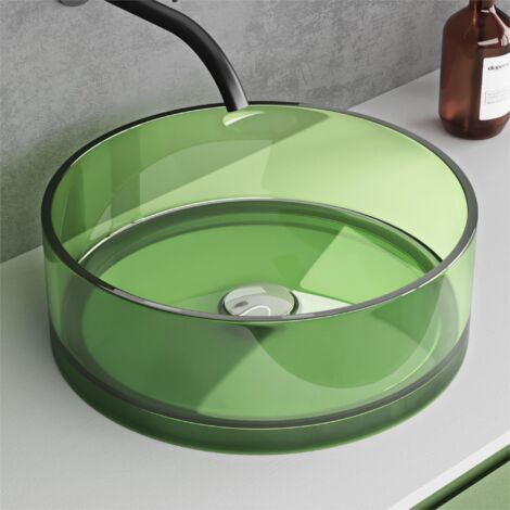 doporro Lavabo da Appoggio Rotondo Ø40 cm Lavabo Piccolo per Bagno e WC Ospiti in Resina Trasparente Verde Salvia
