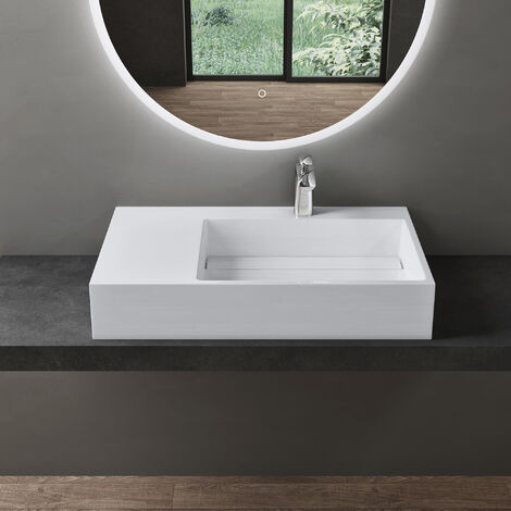 doporro® lavabo de diseño 75x43x14cm desagüe oculto Colossum12-derecho en blanco de mármol fundido apto como lavabo sobre encimera y lavabo suspendido