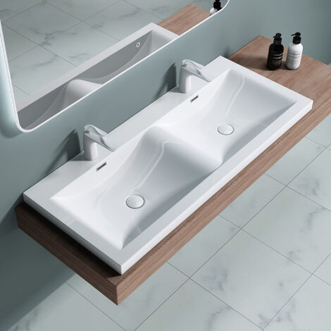 doporro® Lavabo empotrado blanco de diseño Colossum03 de 120cm de ancho Lavabo doble de mármol mineral fundido
