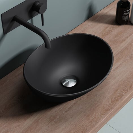 SOGOOD doporro® Lavabo sobre encimera blanco de cerámica, diseño Brüssel205, 42 cm de Ancho forma ovalado con nano revestimiento de fácil limpieza