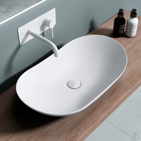 SOGOOD doporro® Lavabo sobre encimera blanco brillante de cerámica diseño Brüssel858, 63 cm de ancho incluido Nano-sellado