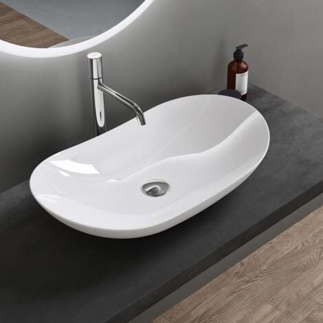 doporro Lavabo sobre Encimera Blano Brillante de Cerámica 63x37x14cm Lavabo de Mano Ovalado Brüssel858