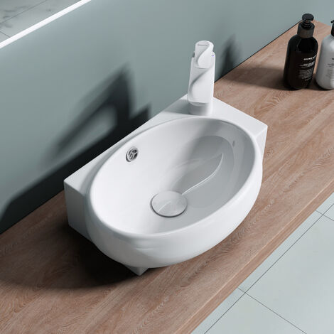 doporro® Lavabo sobre encimera Brüssel001 lavabo suspendido de cerámica en blanco de diseño (Izquierdo)