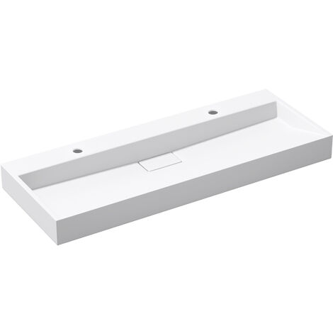 doporro® Lavabo sobre encimera Colossum19 lavabo suspendido blanco mate de diseño de 120 cm de ancho incluye válvula de desagüe 2 orificios para grifo