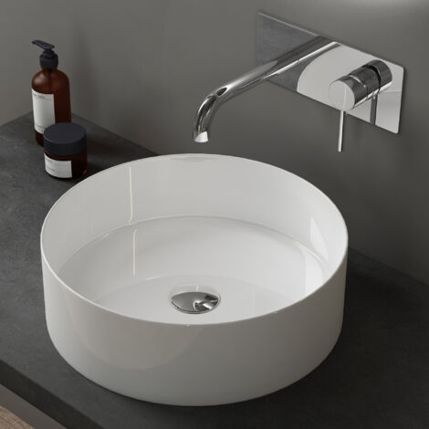 doporro® Lavabo sobre encimera lavabo de cerámica lavabo redondo 40x40x13 cm lavabo blanco brillante para aseo de invitados Brüssel203