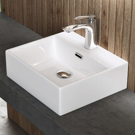 doporro® Lavabo sobre encimera lavabo suspendido lavabo de cerámica lavabo de mano lavabo rectangular de baño en blanco brillante 41x36x13 cm Brüssel206