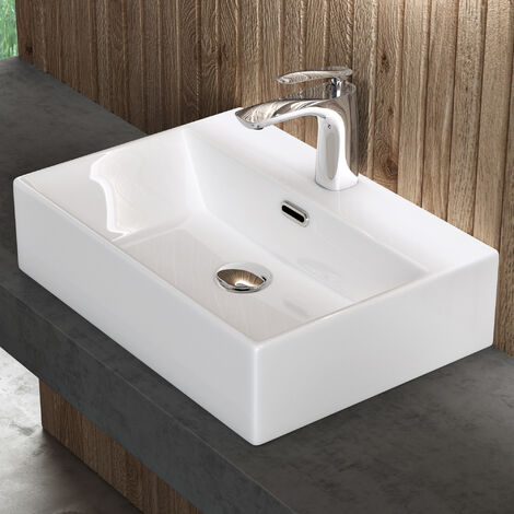 doporro® Lavabo sobre encimera lavabo suspendido lavabo de cerámica lavabo de mano lavabo rectangular de baño en blanco brillante 51x36x13 cm Brüssel206