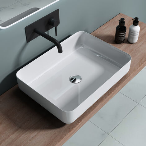 doporro® Lavabo sobre encimera recangular blanco de diseño Colossum812, 55 cm de ancho lavabo de mármol fundido