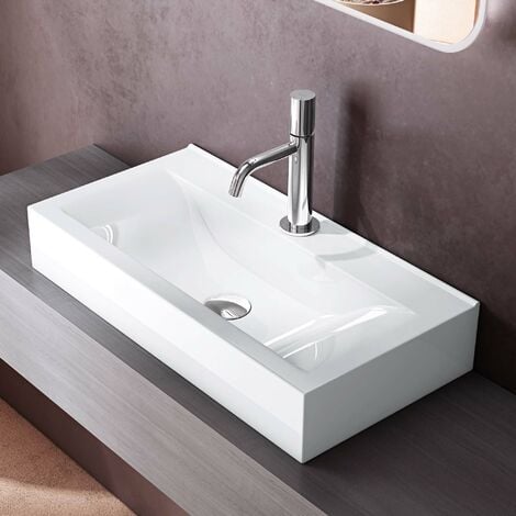 doporro® Lavabo suspendido o sobre encimera de cerámica en blanco, diseño Brüssel118G, 60 cm de ancho con nano revestimiento de fácil limpieza