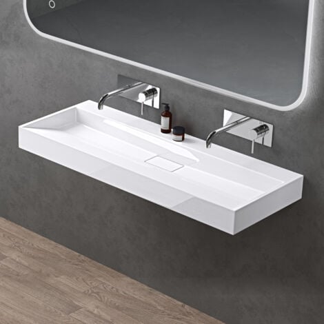 doporro Lavabo Suspendu avec Bonde Vasque à Poser Blanc 120x46x11cm Lave Mains Rectangulaire Colossum19