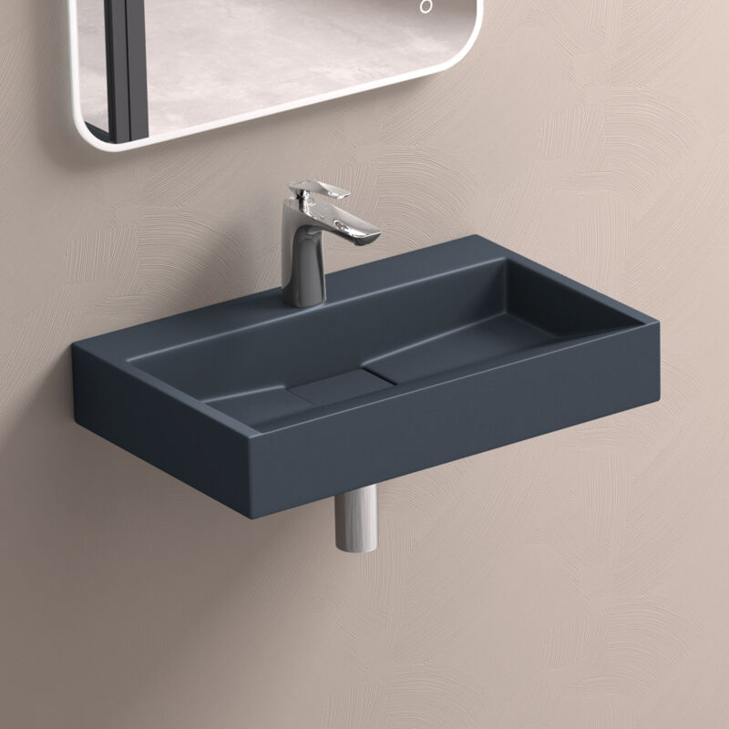 Doporro - Lavabo Suspendu avec Bonde Vasque à Poser Gris Noir Mat 50x38x11cm Lave Mains Rectangulaire avec Perçage de Robinet Colossum19