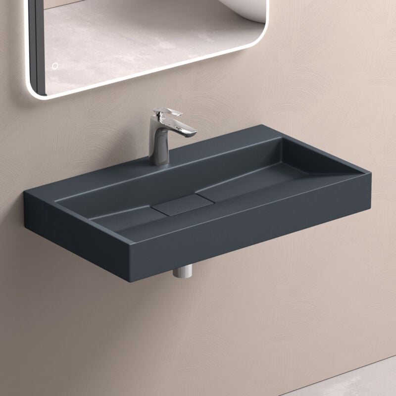 Doporro - Lavabo Suspendu avec Bonde Vasque à Poser Gris Noir Mat 70x46x11cm Lave Mains Rectangulaire avec Perçage de Robinet Colossum19