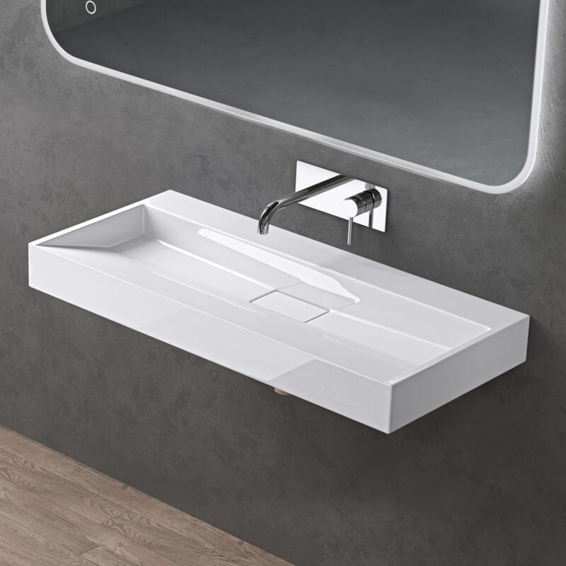 Lavabo Suspendu avec Bonde Vasque à Poser Blanc 90x46x11cm Lave Mains Rectangulaire sans Perçage de Robinet Colossum19 - Doporro