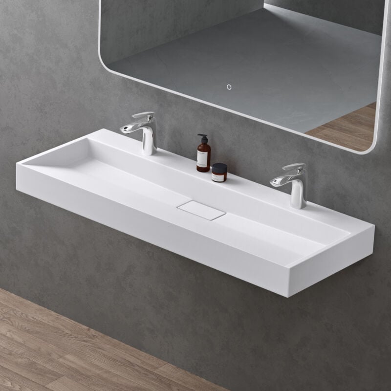 Doporro - Lavabo Suspendu avec Bonde Vasque à Poser Blanc Mat 120x46x11cm Lave Mains Rectangulaire Colossum19