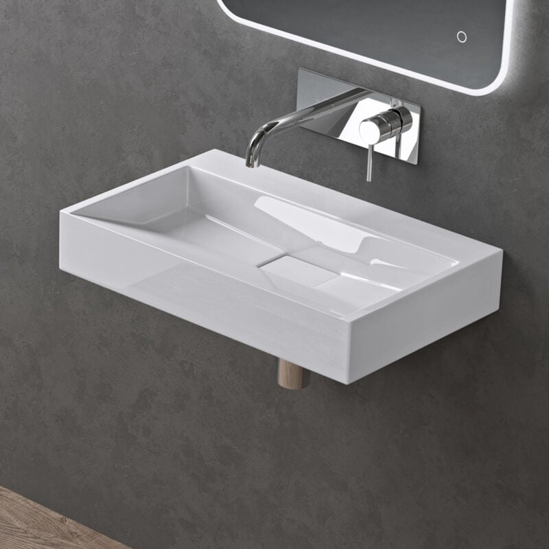 Doporro - Lavabo Suspendu avec Bonde Vasque à Poser Blanc 60x38x11cm Lave Mains Rectangulaire sans Perçage de Robinet Colossum19
