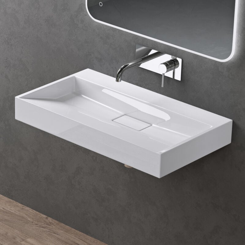 Lavabo Suspendu avec Bonde Vasque à Poser Blanc 80x46x11cm Lave Mains Rectangulaire sans Perçage de Robinet Colossum19 - Doporro