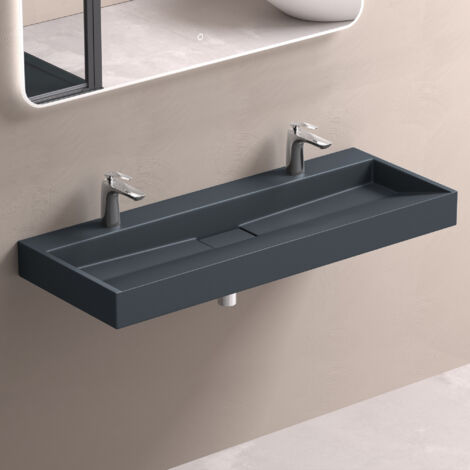 doporro Lavabo Suspendu avec Bonde Vasque à Poser Gris Noir Mat 120x46x11cm Lave Mains avec 2 Percages Rectangulaire Colossum19