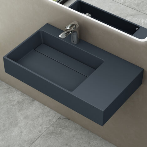 Doporro – Lavabo suspendu gris noir mat 75cm – Vasque à poser rectangulaire sans trop-plein – Fonte minérale solid surface – Dimensions 75x43x13cm - Colossum12-L