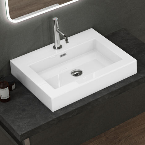 Doporro – Lavabo suspendu vasque à poser blanc 60cm – Rectangulaire 60x48x10cm – Fonte minérale solid surface – Trop-plein et perçage robinet inclus - Colossum18