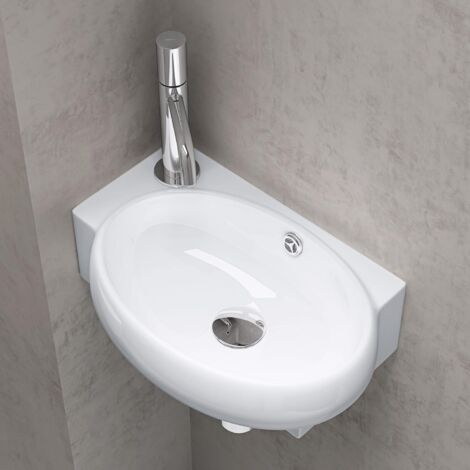 Doporro – Lavabo vasque à monter au mur – Lave mains à poser blanc – Céramique avec effet lotus – Dimensions 42x28x15cm – Écartement 240mm - Bruxelles001R