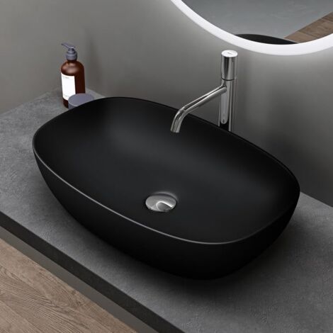 doporro Lavabo Vasque à Poser Noir Mat 60x39,5x14 cm Lave Mains Ovale en Céramique Revêtement NANO Easy Clean Brüssel104